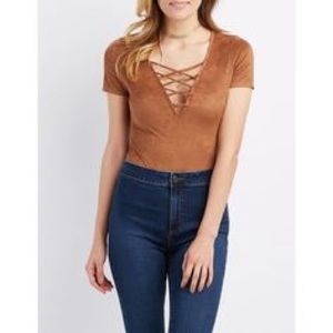Charlotte Russe Lattice Front Suede Bodysuit